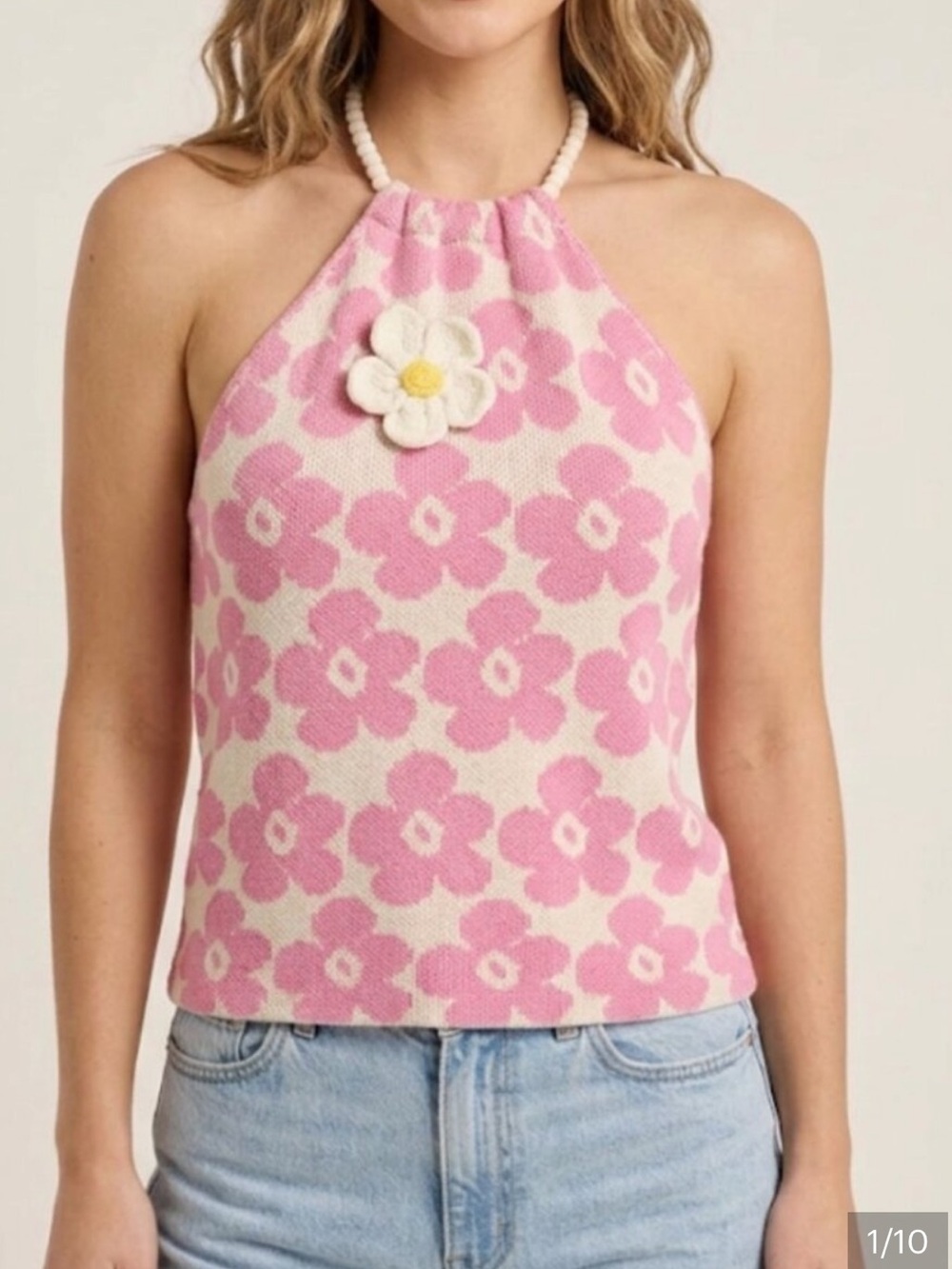 Jamie Kreitman Beaded Knit Halter Tank – Retro Green Floral vintage size small